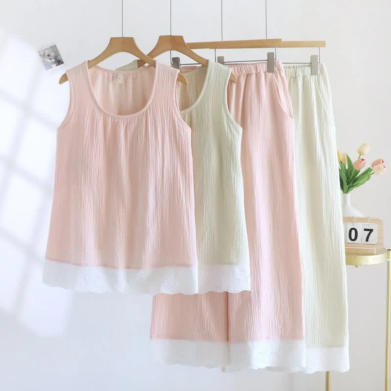 Loungewear-Set aus einfarbiger Baumwollgaze und Spitze