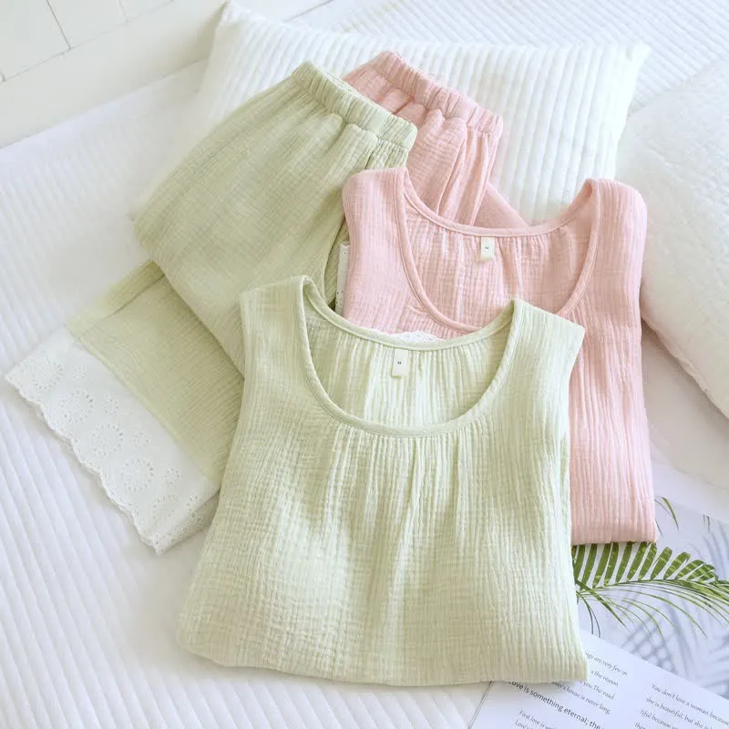 Loungewear-Set aus einfarbiger Baumwollgaze und Spitze