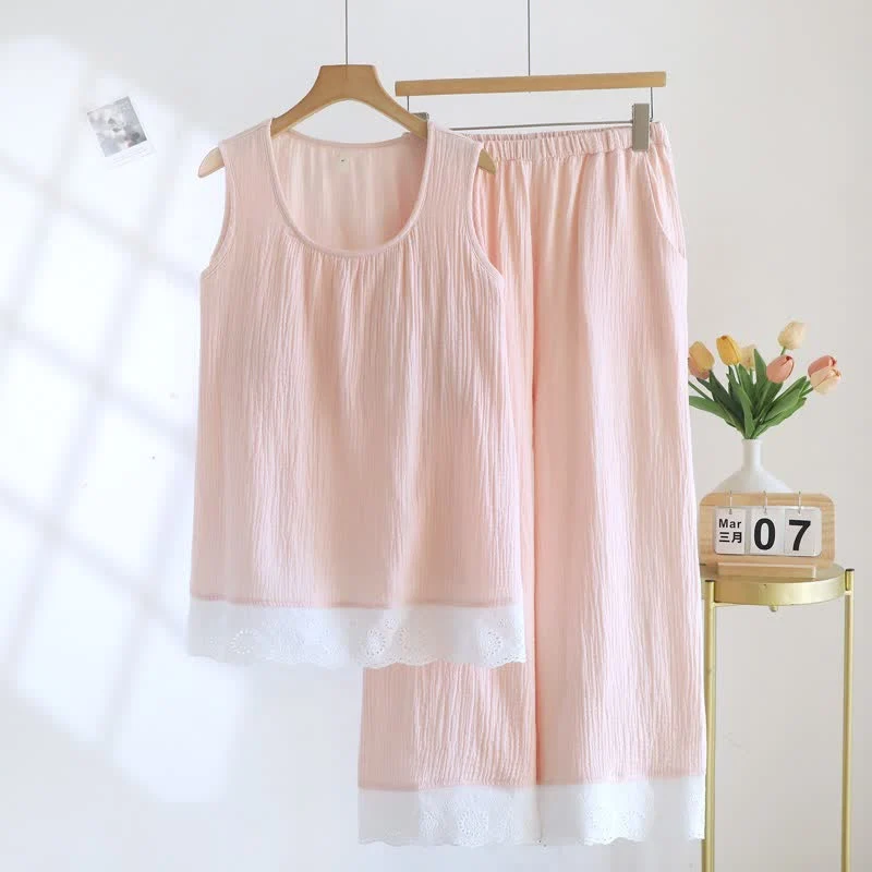 Loungewear-Set aus einfarbiger Baumwollgaze und Spitze