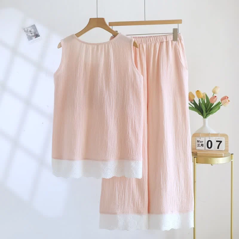 Loungewear-Set aus einfarbiger Baumwollgaze und Spitze