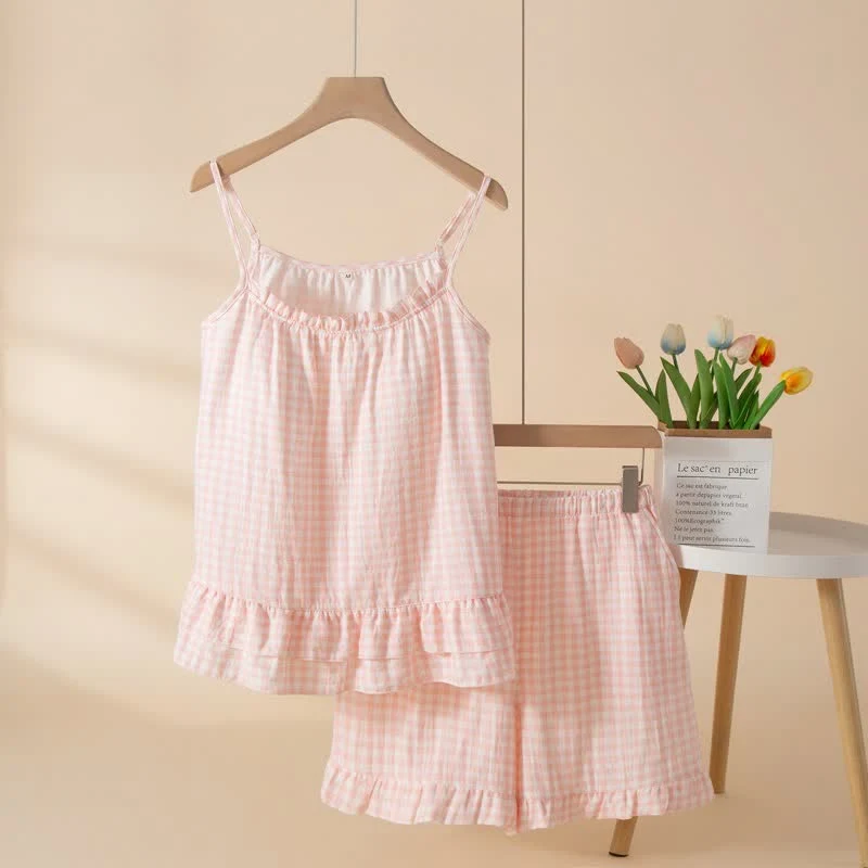 Loungewear-Set aus weicher Baumwolle mit Vichy-Karo und Rüschen