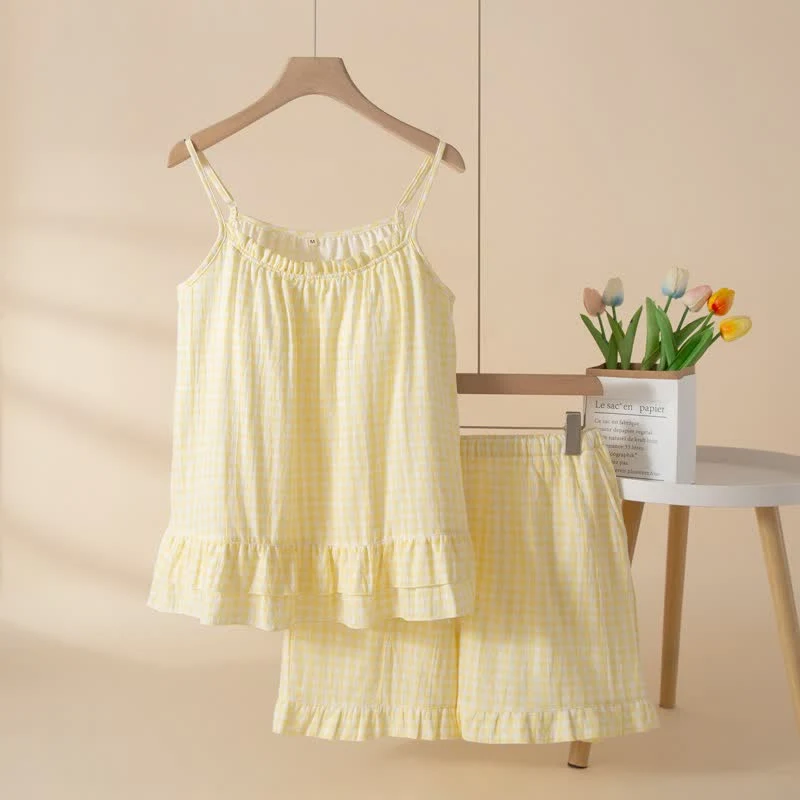Loungewear-Set aus weicher Baumwolle mit Vichy-Karo und Rüschen