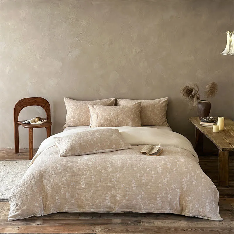 Bettwäsche-Set aus Baumwolle mit zartem Kamel- und zartem Blumenmuster (Jacquard)
