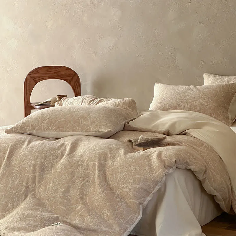 Beige Bettwäsche-Set aus Baumwolle mit botanischem Jacquardmuster