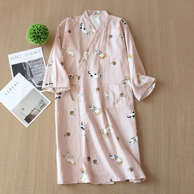 Partner-Kimono aus Baumwolle mit Katzenmotiv