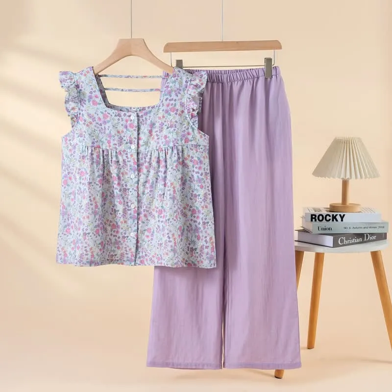 Loungewear-Set aus geblümtem Baumwollgaze mit Rüschen
