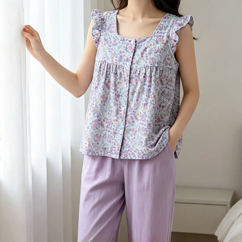 Loungewear-Set aus geblümtem Baumwollgaze mit Rüschen