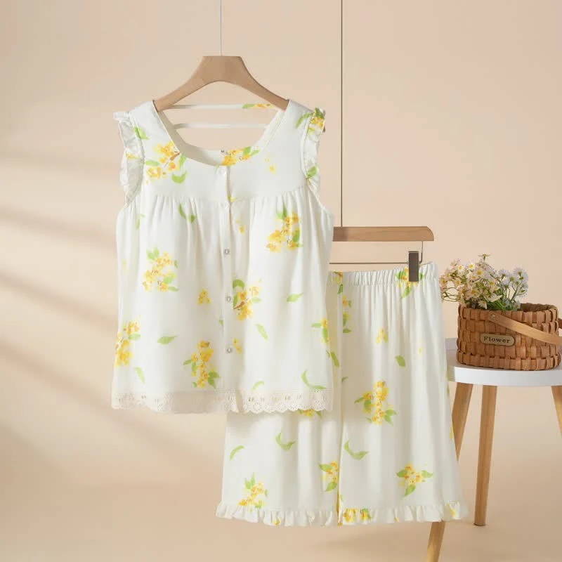 Ärmelloses Loungewear-Set mit Osmanthus-Rüschen und Spitze