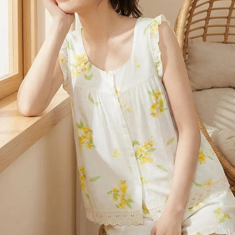 Ärmelloses Loungewear-Set mit Osmanthus-Rüschen und Spitze
