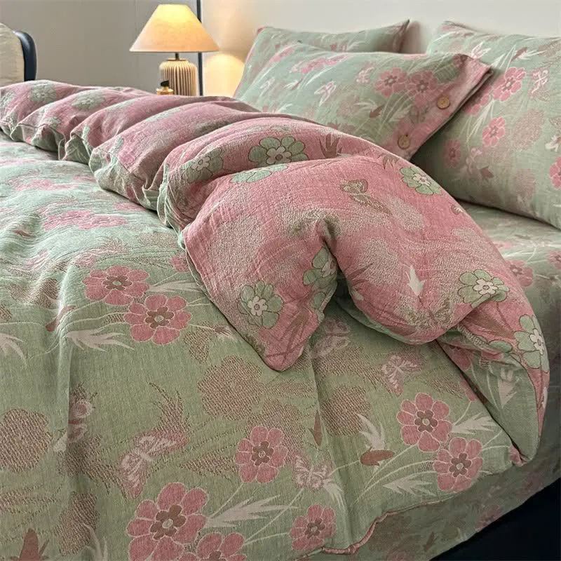 Bettwäsche aus reiner Baumwollgaze mit Blumen- und Schmetterlingsmuster (4-teilig)