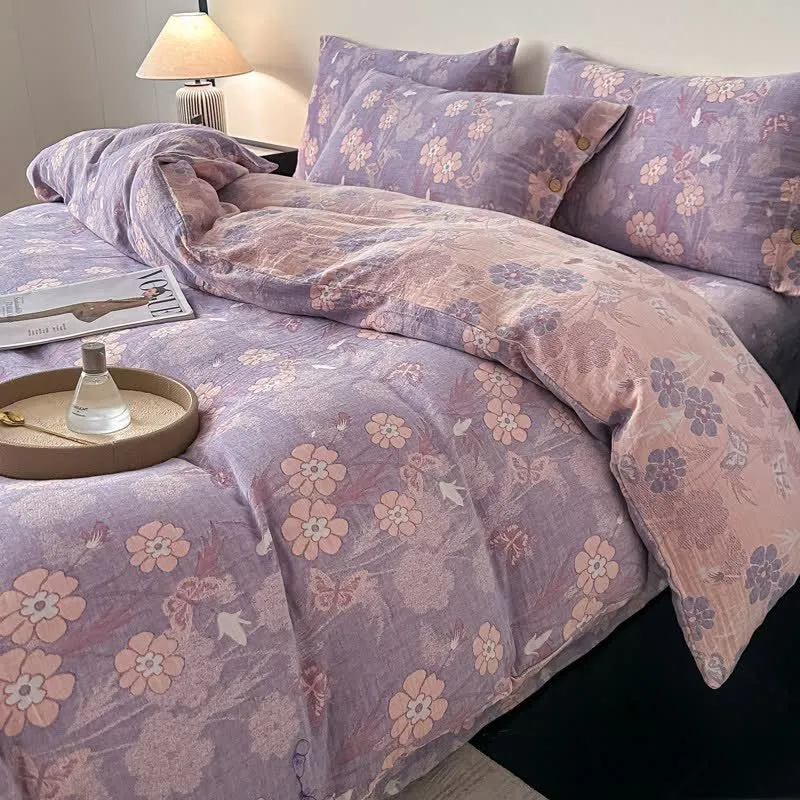 Bettwäsche aus reiner Baumwollgaze mit Blumen- und Schmetterlingsmuster (4-teilig)