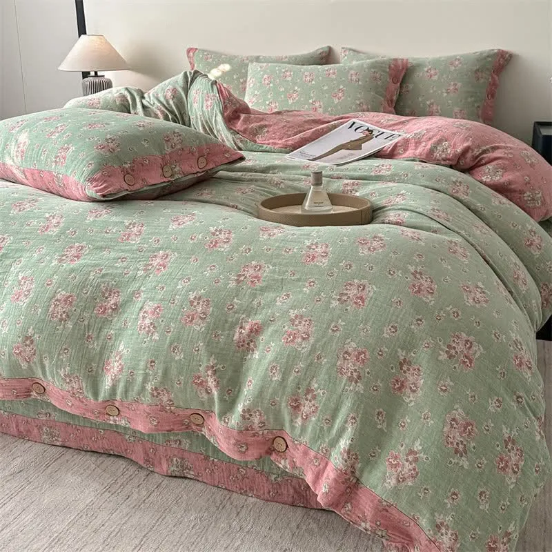 Vintage-Bettwäsche aus reiner Baumwollgaze mit Blumenmuster (4-teilig)