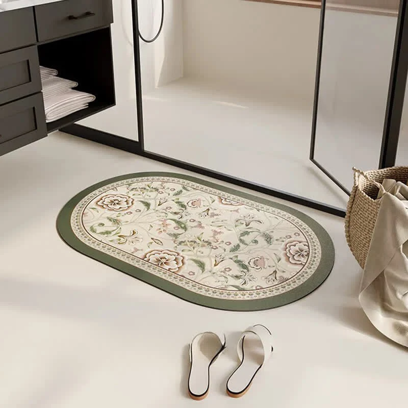 Ovaler Badezimmerteppich im Vintage-Stil mit botanischem Blumenmuster