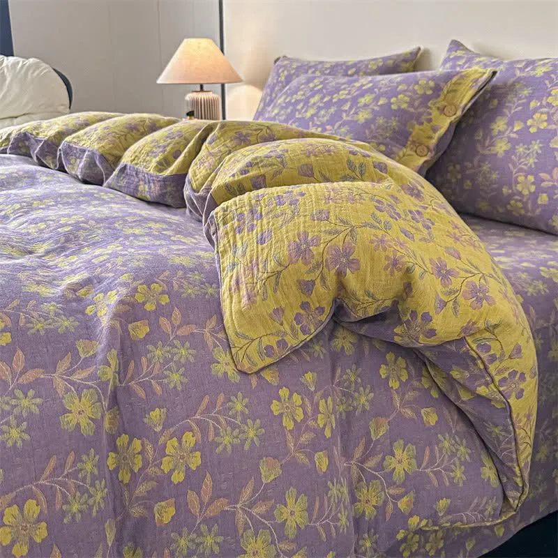 Elegante Bettwäsche aus reiner Baumwollgaze mit Blumenmuster (4-teilig)