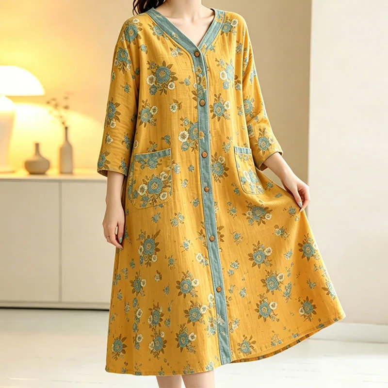 Gelbes Baumwoll-Loungedress mit Blumenmuster