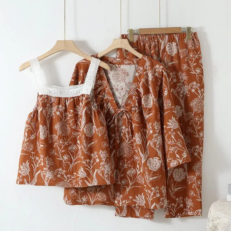 3-teiliger Pyjama-Satz aus reiner Baumwolle mit Blumenmuster