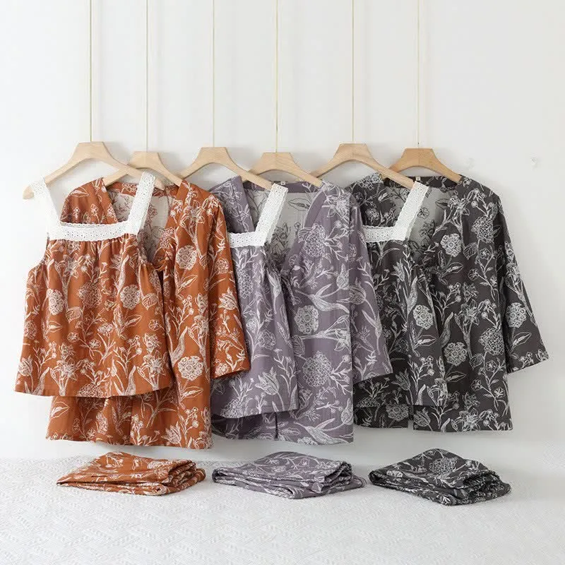 3-teiliger Pyjama-Satz aus reiner Baumwolle mit Blumenmuster