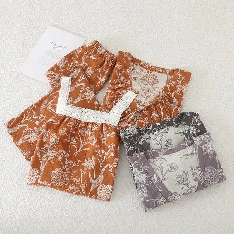 3-teiliger Pyjama-Satz aus reiner Baumwolle mit Blumenmuster