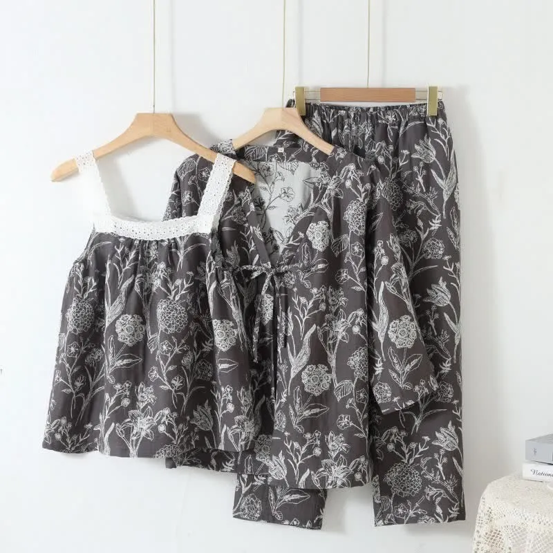 3-teiliger Pyjama-Satz aus reiner Baumwolle mit Blumenmuster