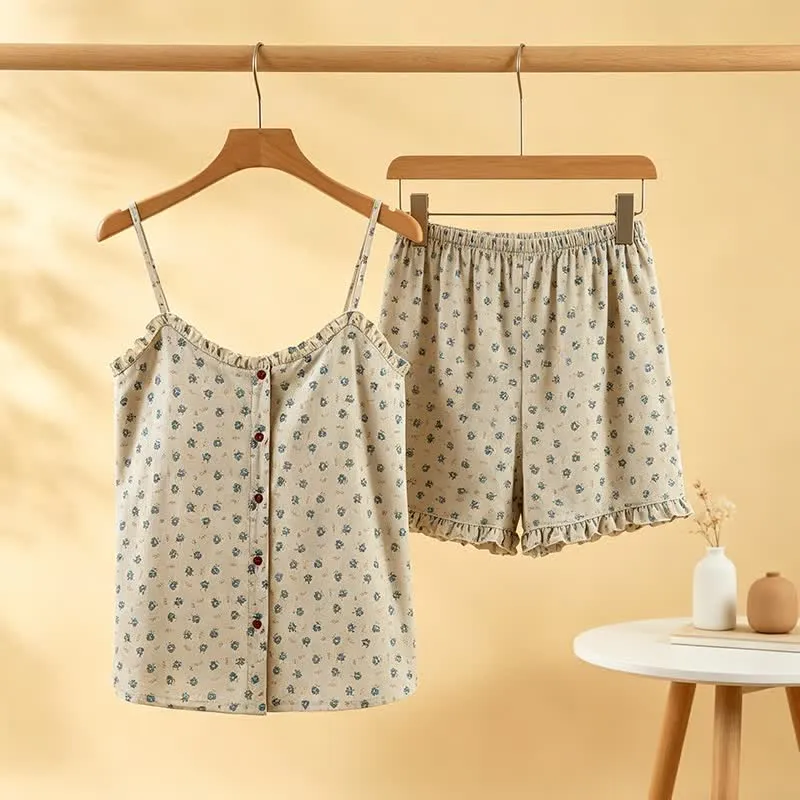 Blauer Damen-Pyjama aus Baumwolle mit Blumenmuster und Rüschen