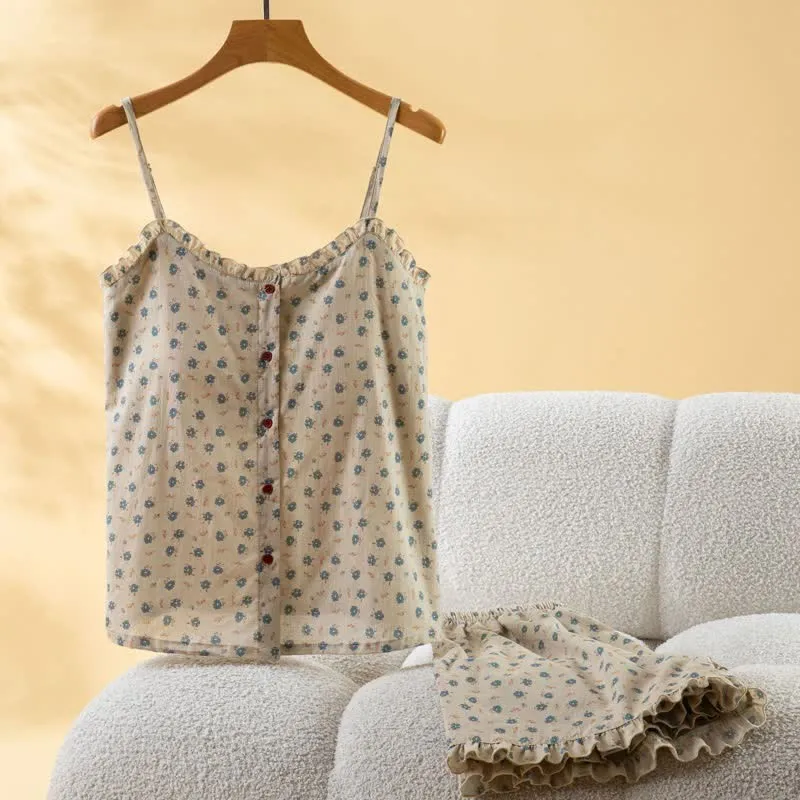 Blauer Damen-Pyjama aus Baumwolle mit Blumenmuster und Rüschen