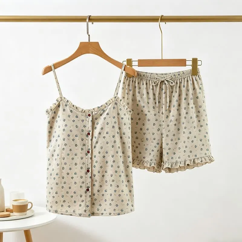Blauer Damen-Pyjama aus Baumwolle mit Blumenmuster und Rüschen
