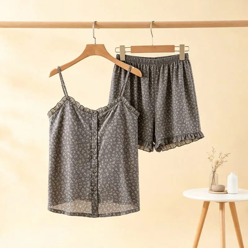 Pyjama-Set aus geblümtem Baumwoll-Top mit Rüschen