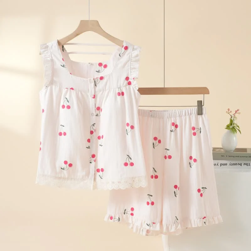Kirschfarbener Baumwoll-Pyjama-Set mit kurzen Ärmeln