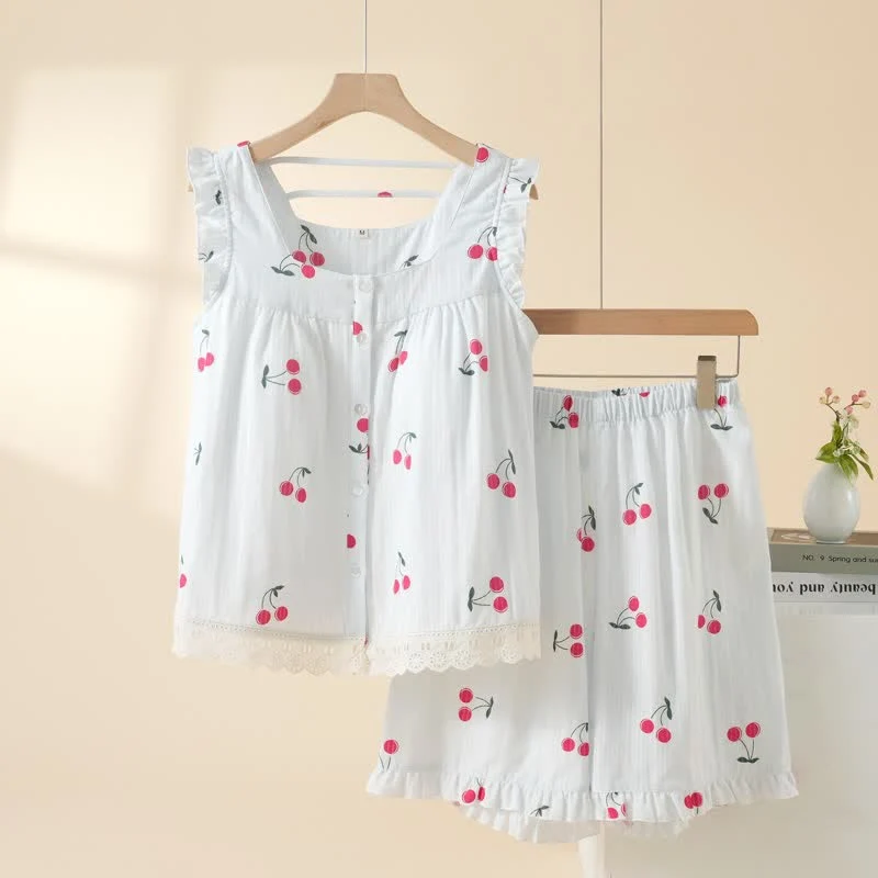 Kirschfarbener Baumwoll-Pyjama-Set mit kurzen Ärmeln