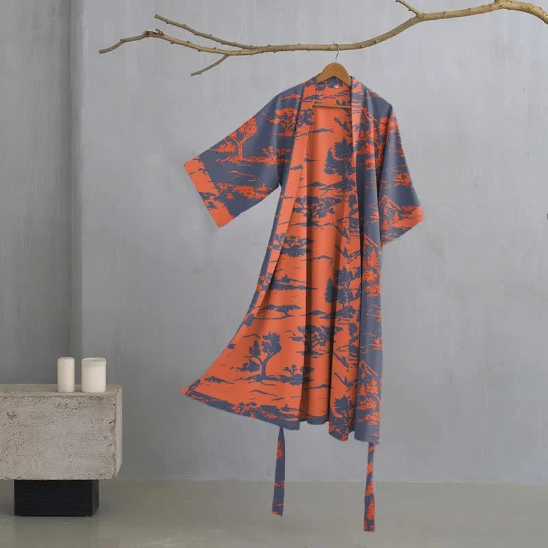 Unisex Kimono-Bademantel aus Baumwollgaze mit Berg- und Baummotiven
