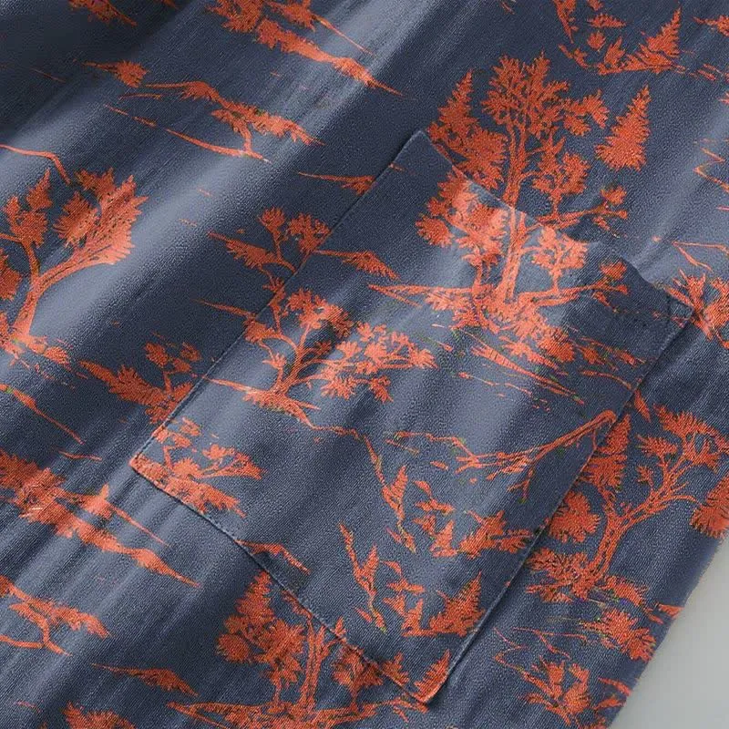 Unisex Kimono-Bademantel aus Baumwollgaze mit Berg- und Baummotiven