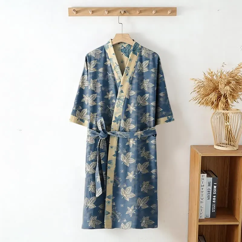 Unisex Kimono-Bademantel aus Baumwolle mit Ahornblattmuster