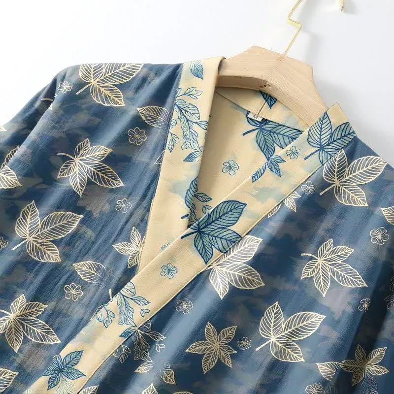 Unisex Kimono-Bademantel aus Baumwolle mit Ahornblattmuster