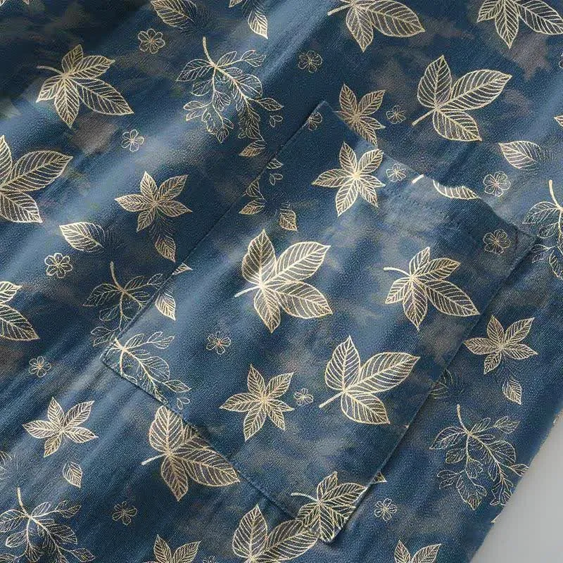 Unisex Kimono-Bademantel aus Baumwolle mit Ahornblattmuster
