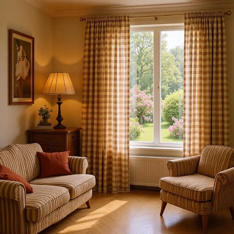Karogardine im Landhausstil mit Quasten