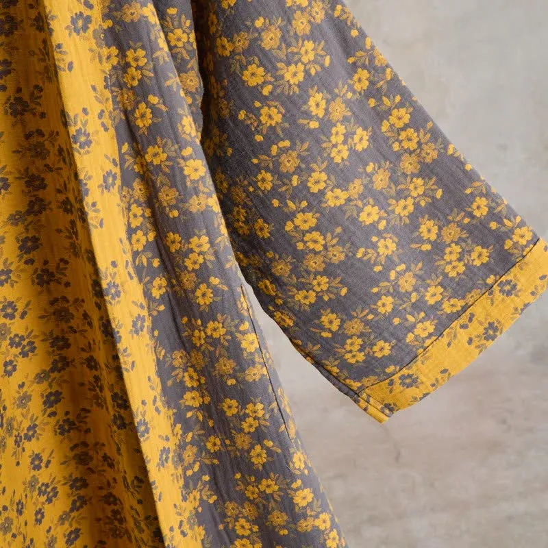 Gelber Kimono-Bademantel aus Baumwollgaze mit Blumenmuster