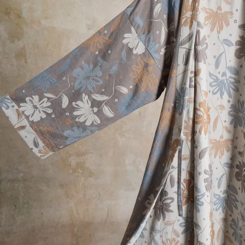 Grauer Kimono-Bademantel aus Baumwollgaze mit Blumenmuster