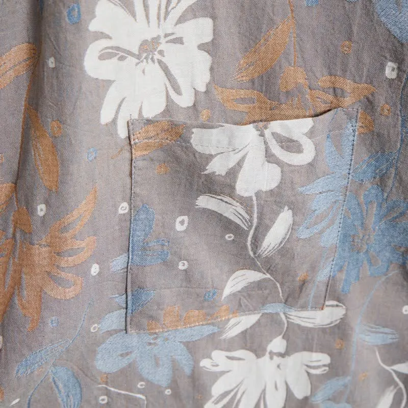 Grauer Kimono-Bademantel aus Baumwollgaze mit Blumenmuster