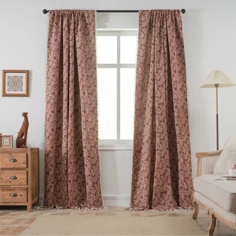 Vintage-Vorhang mit Blatt-Jacquardmuster und Quaste