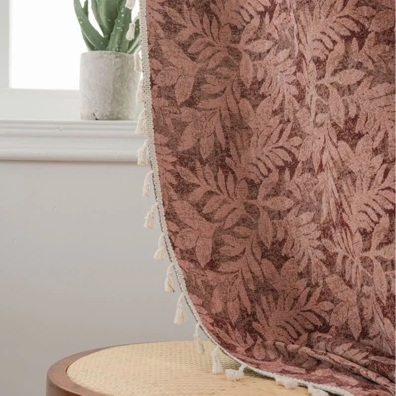 Vintage-Vorhang mit Blatt-Jacquardmuster und Quaste