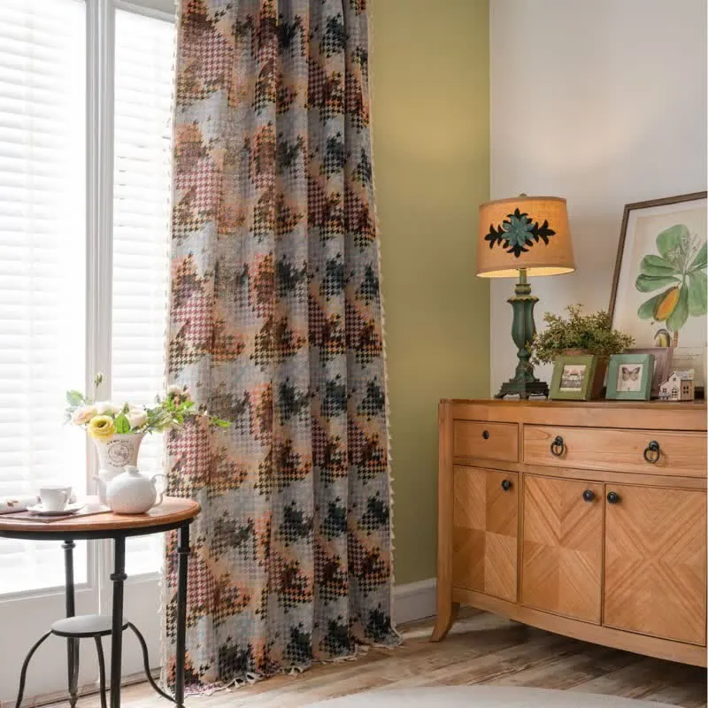 Bunter Hahnentritt-Jacquard-Vorhang mit Quaste