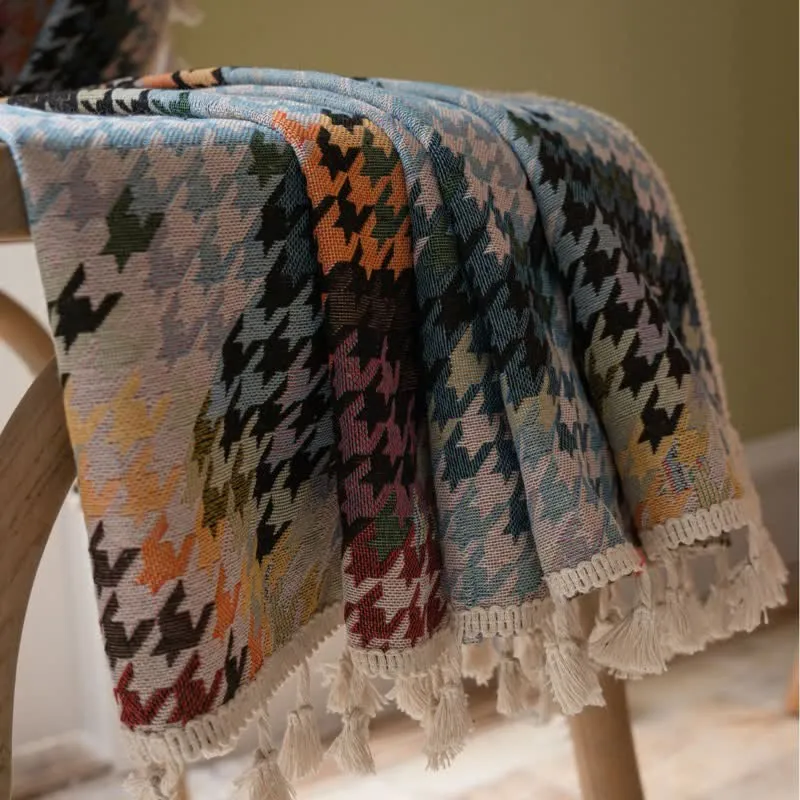 Bunter Hahnentritt-Jacquard-Vorhang mit Quaste