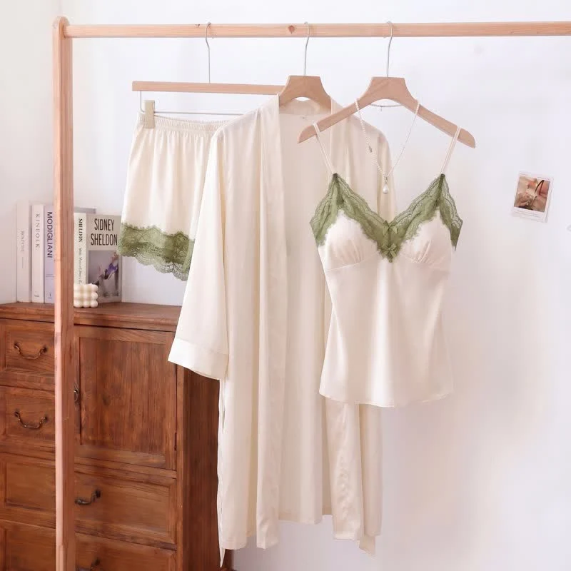 Pyjama-Set mit einfarbigem V-Ausschnitt und Spitzenbesatz (3-teilig)