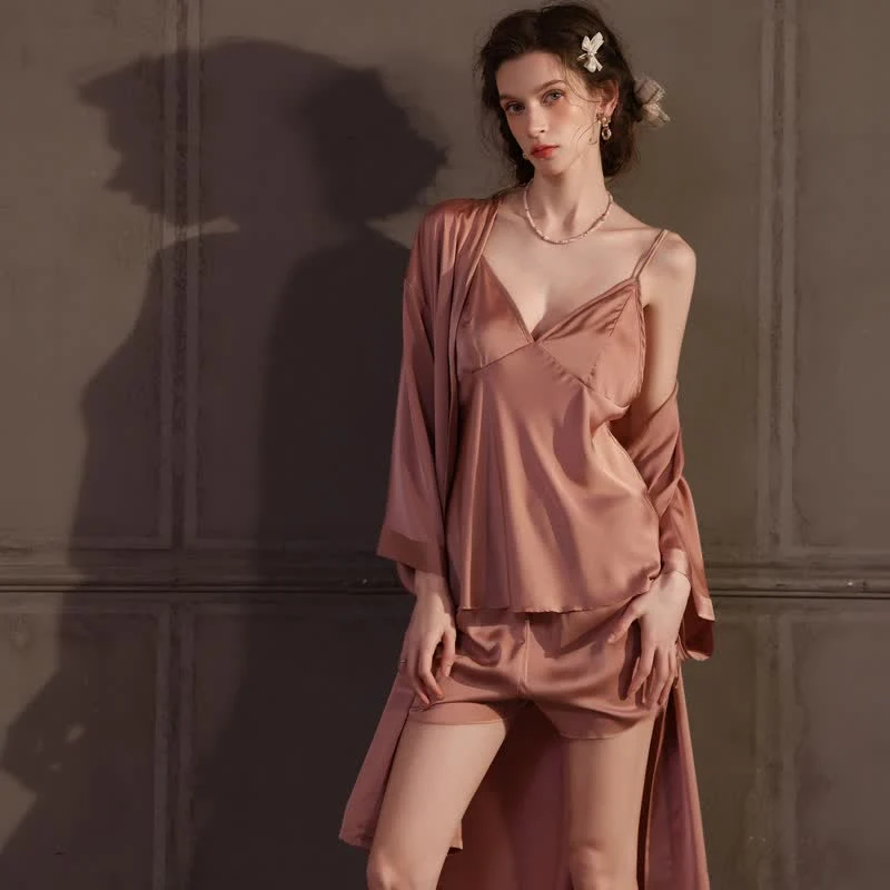 Einfarbiges, seidiges Cami-Pyjama-Set (3-teilig)