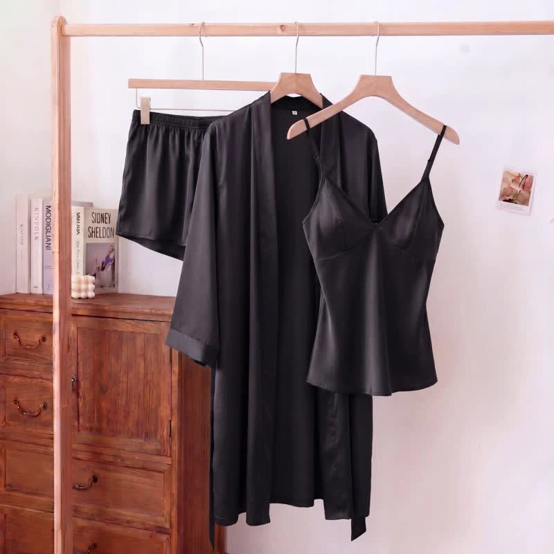 Einfarbiges, seidiges Cami-Pyjama-Set (3-teilig)