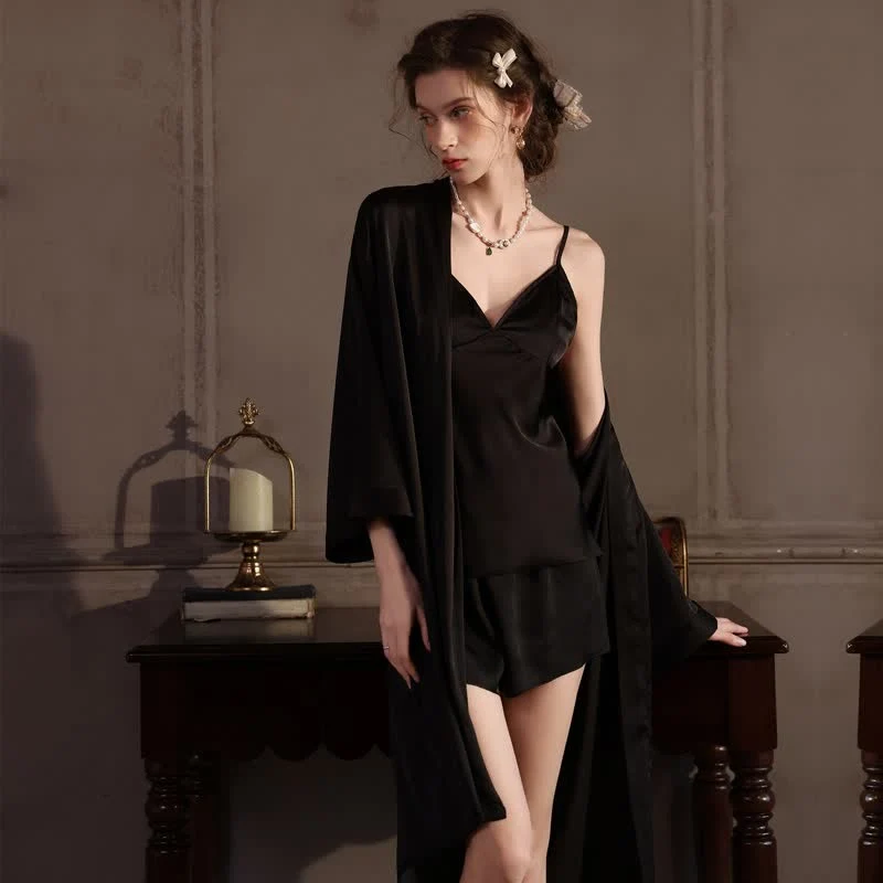 Einfarbiges, seidiges Cami-Pyjama-Set (3-teilig)