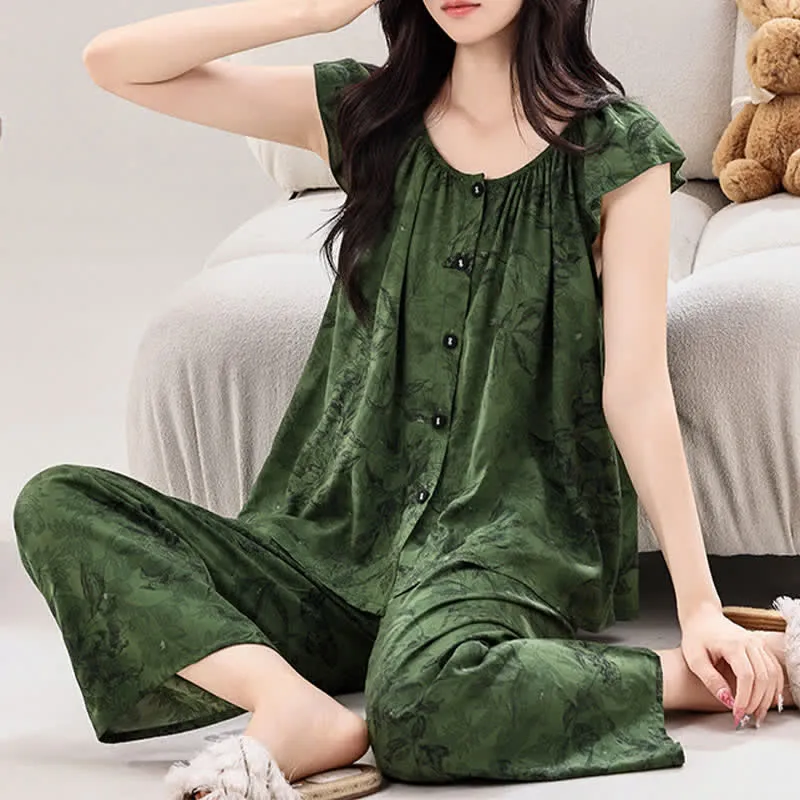 Grünes Loungewear-Set mit Blumenmuster und Rüschenärmeln