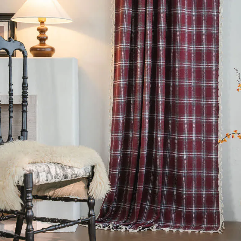 Vorhang im Vintage-Stil, burgunderrot kariert, mit Quasten