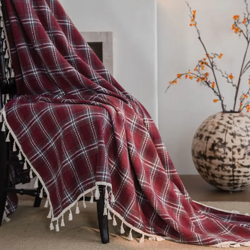 Vorhang im Vintage-Stil, burgunderrot kariert, mit Quasten