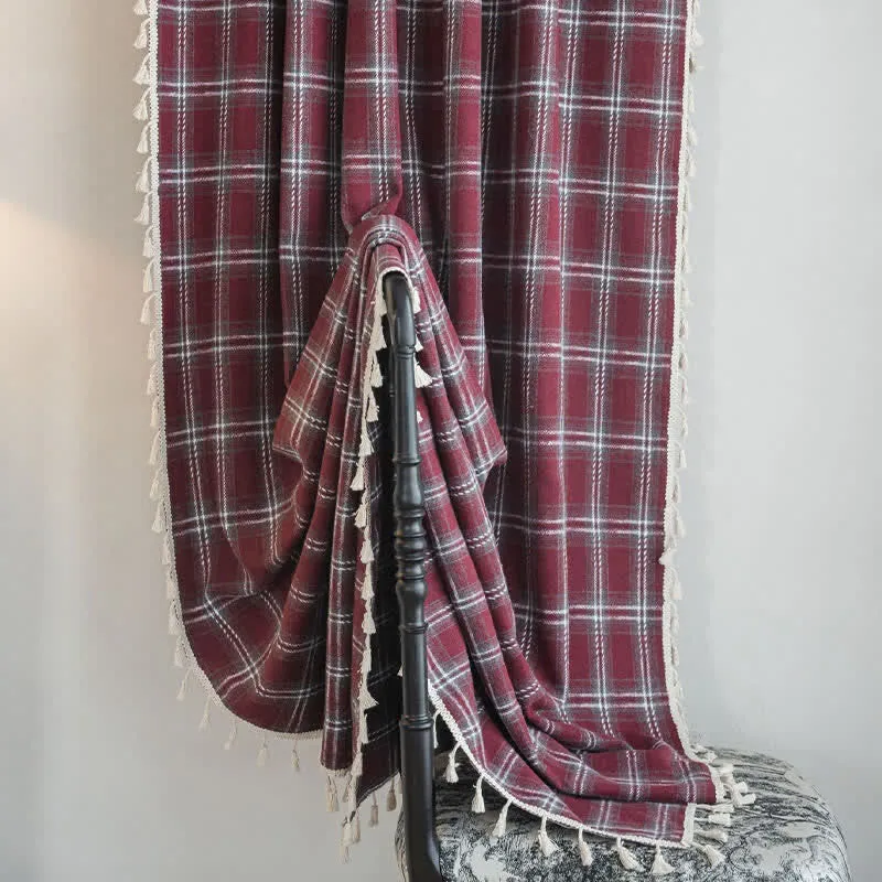 Vorhang im Vintage-Stil, burgunderrot kariert, mit Quasten